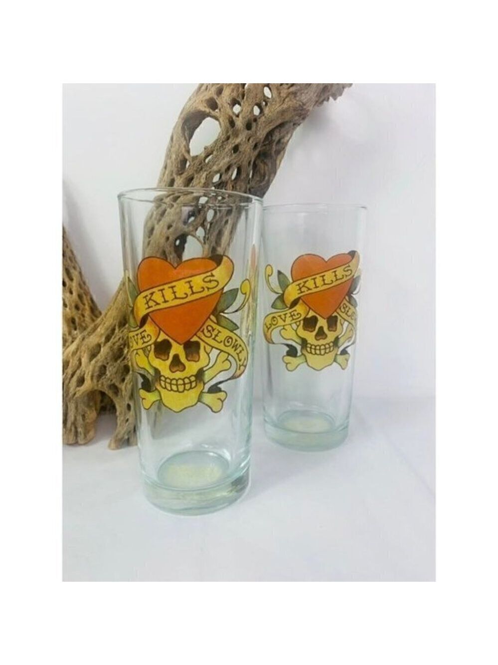 Ed Hardy Skull Tattoo Love Kills Slowly Highball Glasses